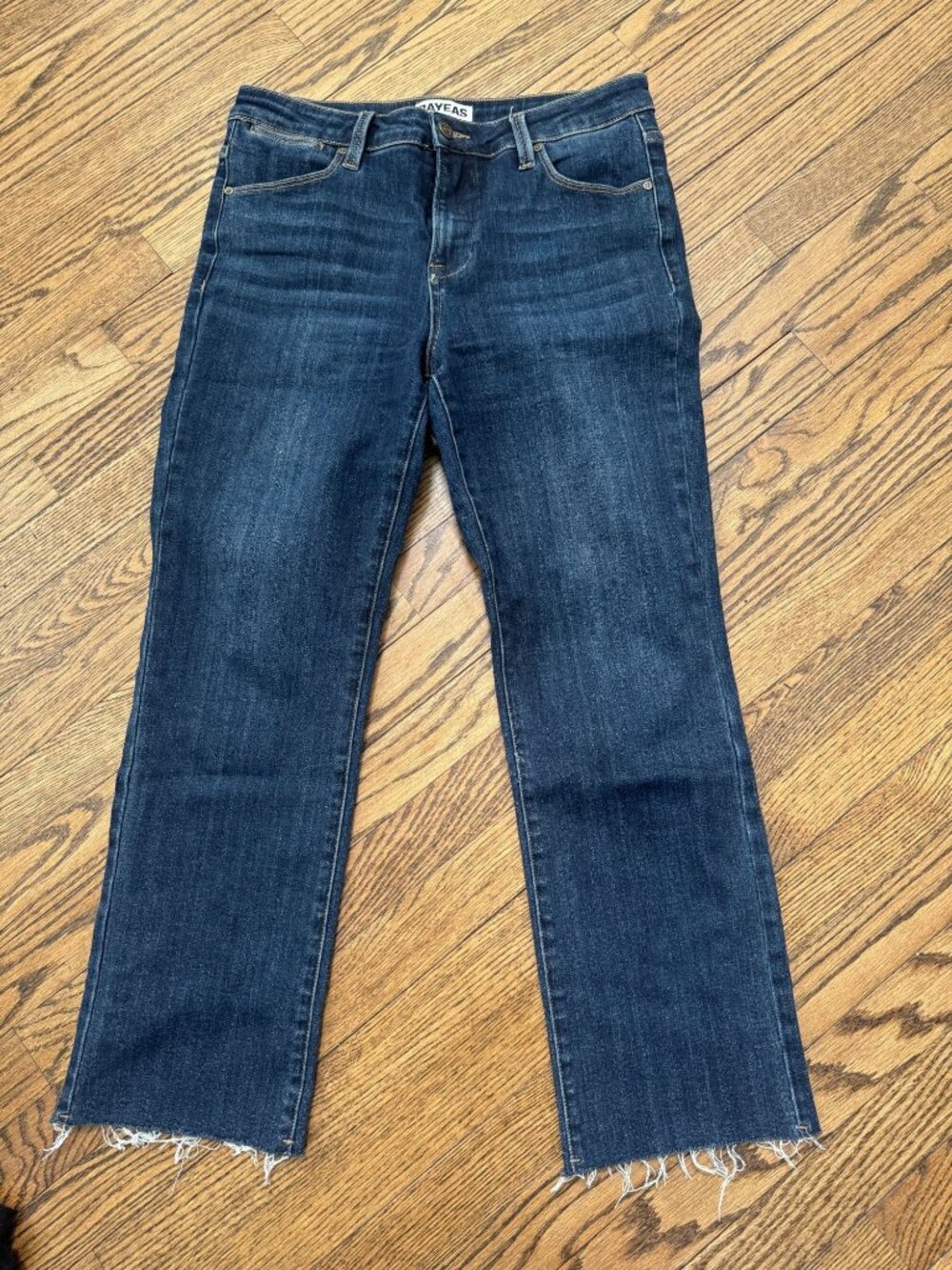 BAYEAS Mid Rise Straight Raw Edge Denim Jeans Dark Blue 29
